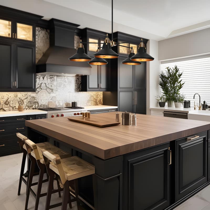Modern Industrial 5-Light Black Gold Wheel Kitchen Island Chandelier Metal Pendant Lights for Dining Room - 33" D x 9" H