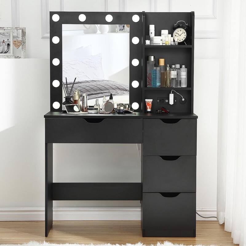 Modern Makeup Vanity with Mirror and Lights, 4 Drawers, 2 Shelves