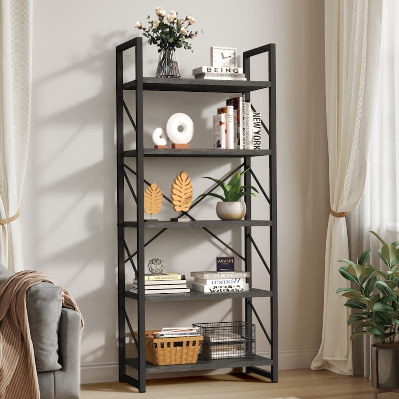 Roul Wood 5-Tier Bookshelf Industrial Artsy Grey Bookcase Books Holder Organizer