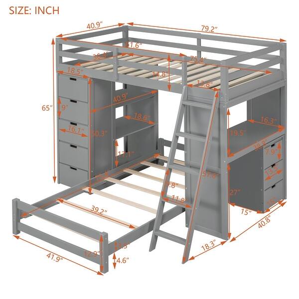 Twin Over Twin Bunk Bed with Desk, LED Light and USB Ports, Solid Wood Bunk Bed Frame with Storage Drawers and Bookcase Shelves