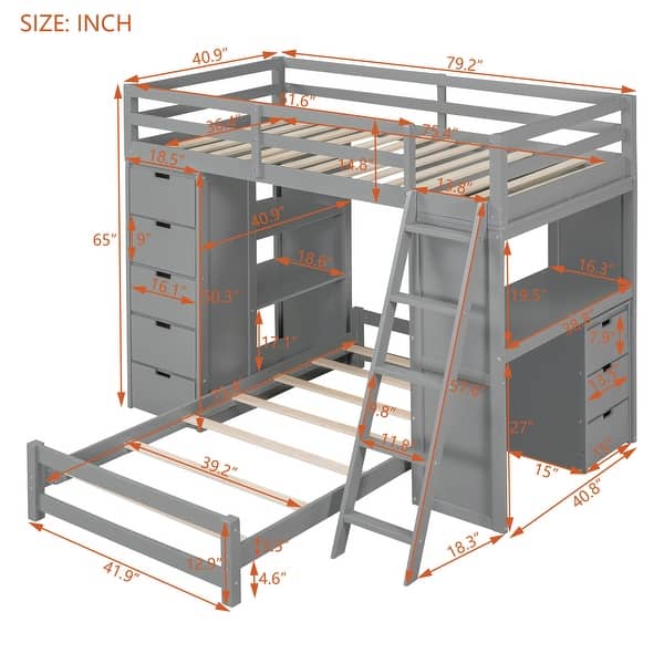 dimension image slide 1 of 2, Twin Over Twin Bunk Bed with LED Lights & USB Ports, Grey, with Storage