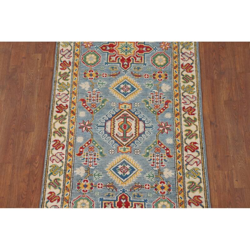 Light Blue Geometric Kazak Runner Rug Hand-Knotted Wool Carpet - 2'8" x 9'6"