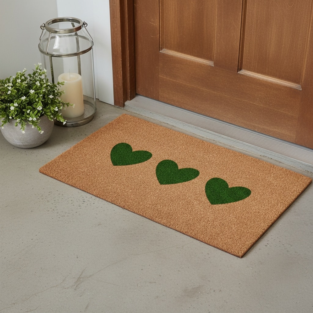 HomeRoots 17" X 29" Brown And Green Three Hearts Outdoor Coir Door Mat - 17.00' X '29.00