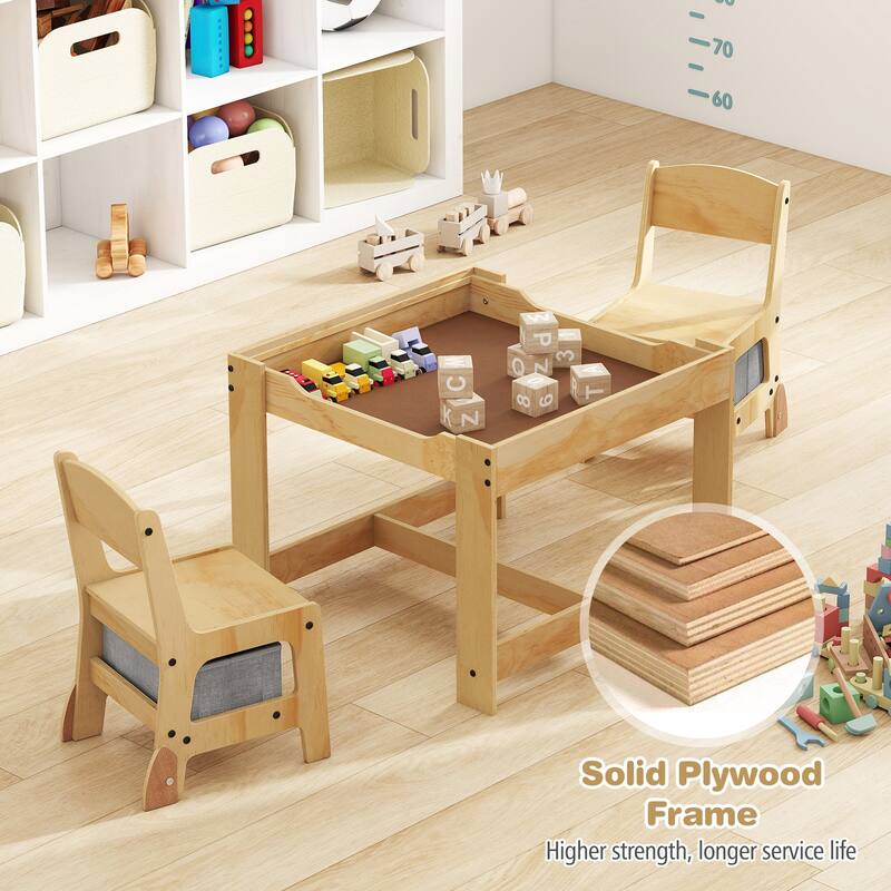 Plywood 3 in 1 Kids Table and Chairs Set with Storage Bins - 24.5" x 24.5" x 19"