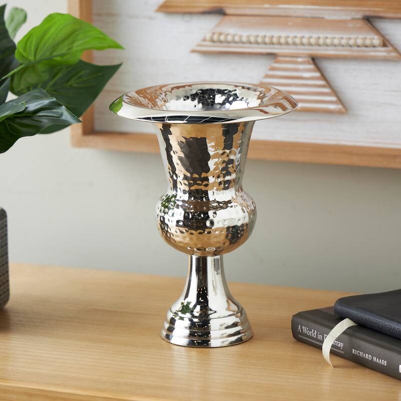 Gold or Silver Aluminum Metal Goblet Inspired Hammered Vase - Silver - 8"W, 11"H