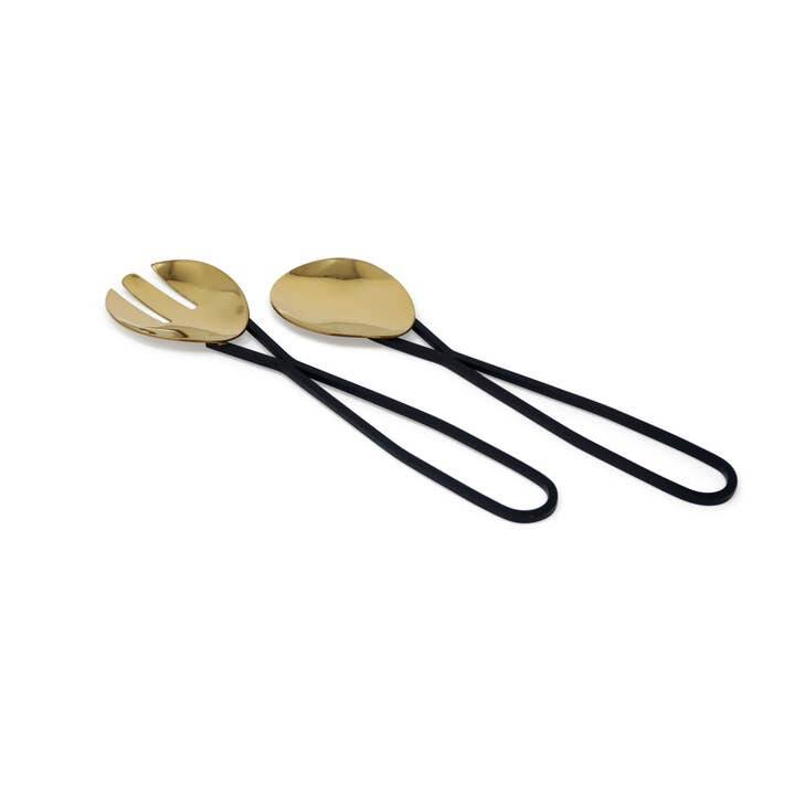 Gold Salad Servers with Black Loop Handles S/2