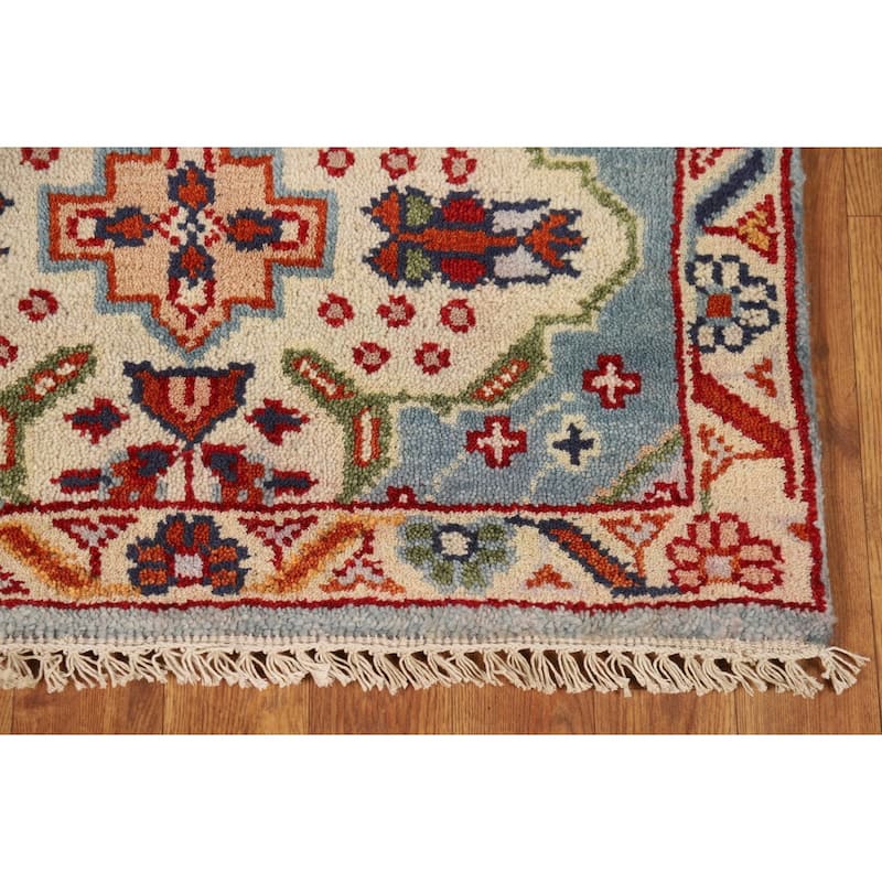 Light Blue Geometric Kazak Indian Runner Rug Hand-Knotted Wool Carpet - 2'7"x 7'10"