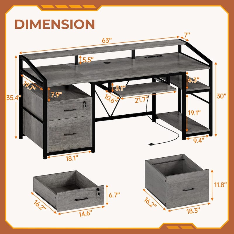 LED Computer Desk With Lock Drawers Keyboard Tray Power Outlet