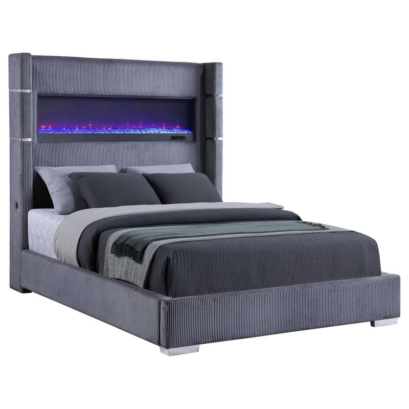 Caro California King Bed, Wingback Panel w LED Flame, Gray Upholstery