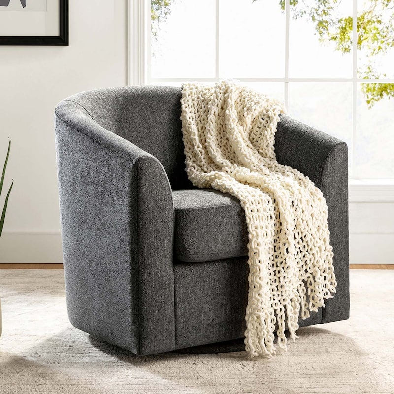 Cuenca Modern Living Room Wooden Upholstered 360° Swivel Barrel Chair with Metal Base and Wide Backrest