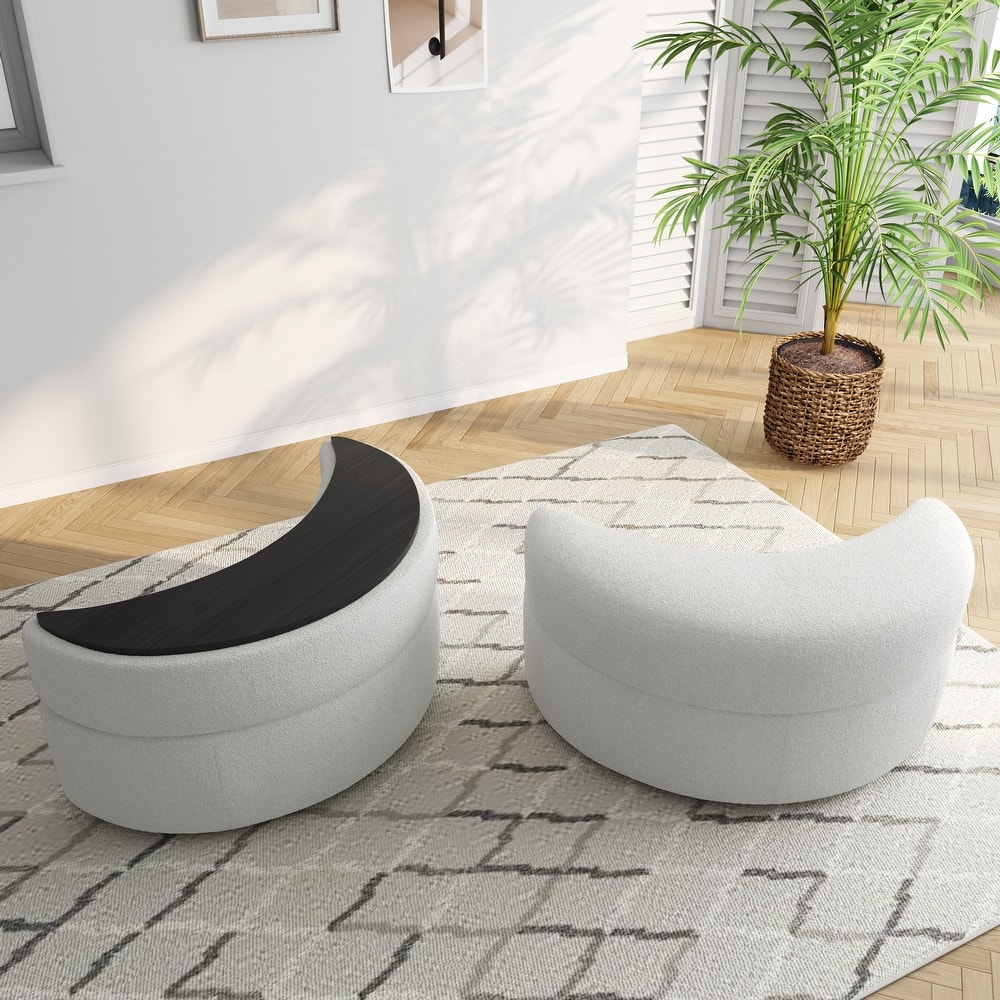 Upholstered Half Moon Storage Ottoman with Tray Set of 2