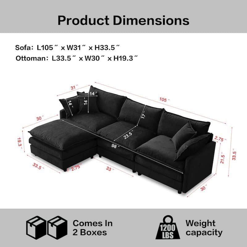 Chenille Upholstered L-shaped Sectional Sofa 3 Seater Modular Couch with Ottoman, Pillows and Double Layer Seat Cushions