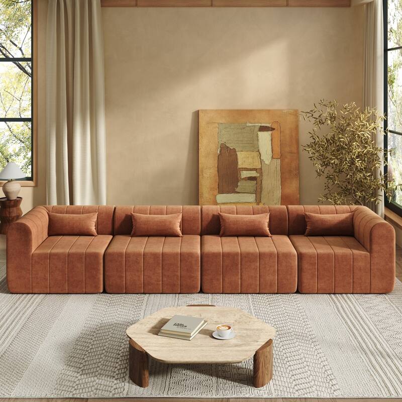 145.5" 4 Pieces Modular Full-Compressed Polyester Upholstered Sectional Sofa