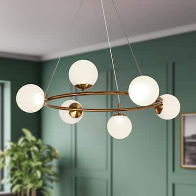 Modern Brass 6-Light Gold LED Integrated Wheel Chandeliers for Living Room - 26" D x 9" H