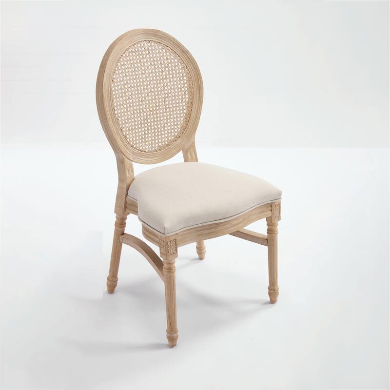 Set of 2 French Country Dining Chairs, Upholstered with Natural Rattan Round Back