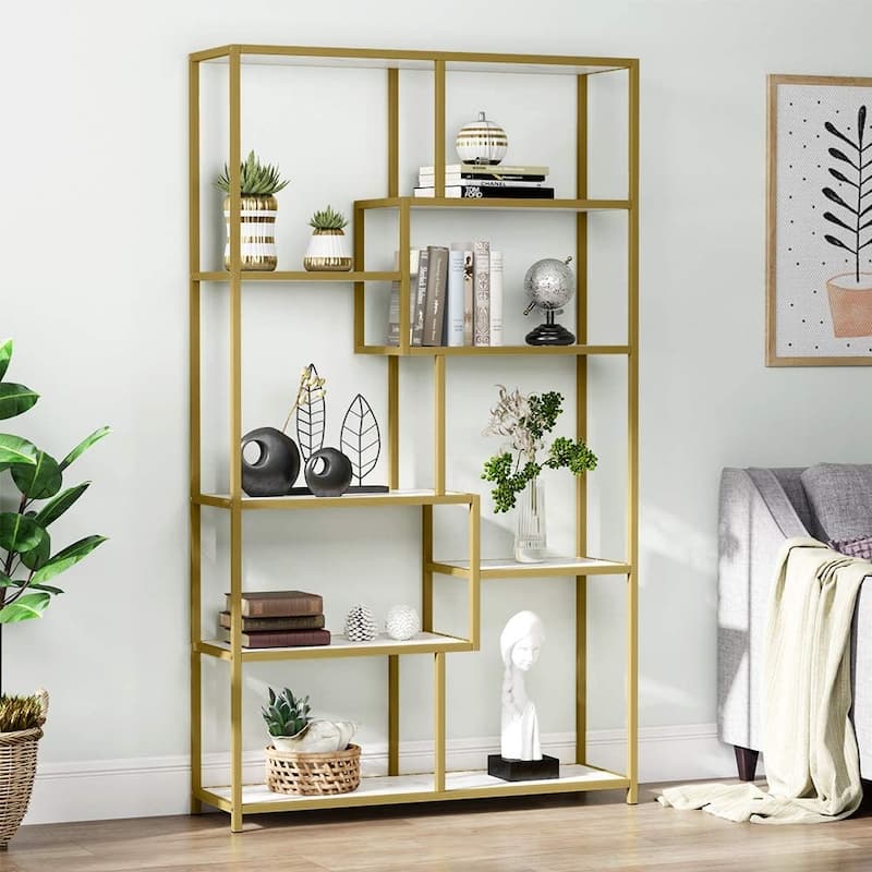 Etagere Bookcase 8 Tier Bookshelf with Gold Metal Frame and White Faux Marble Board for Home office, Living Room