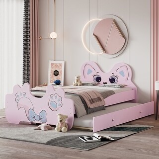 Twin Size Platform Bed with Trundle Bed & Cartoon Headboard