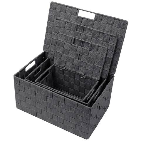 Storage Box Woven Basket Bin Container Tote Cube Organizer Set Stackable Shelf Organizer Built-in Carry Handles (3-Piece)