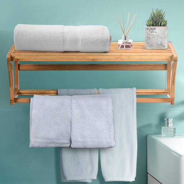 Shop Costway Bamboo Wall Shelf Towel Bar Wall Mounted Storage Towel Rack Overstock 29010549
