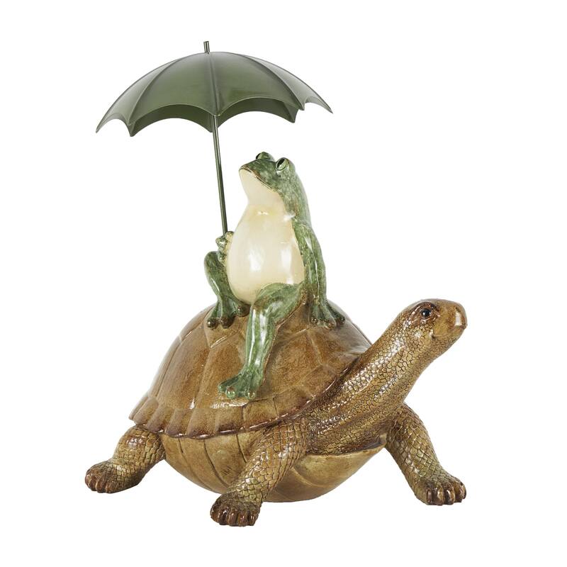 Resin Frog Sitting Decorative Sculpture with Umbrella and Brown Walking Turtle - Bronze - Roche River Decor