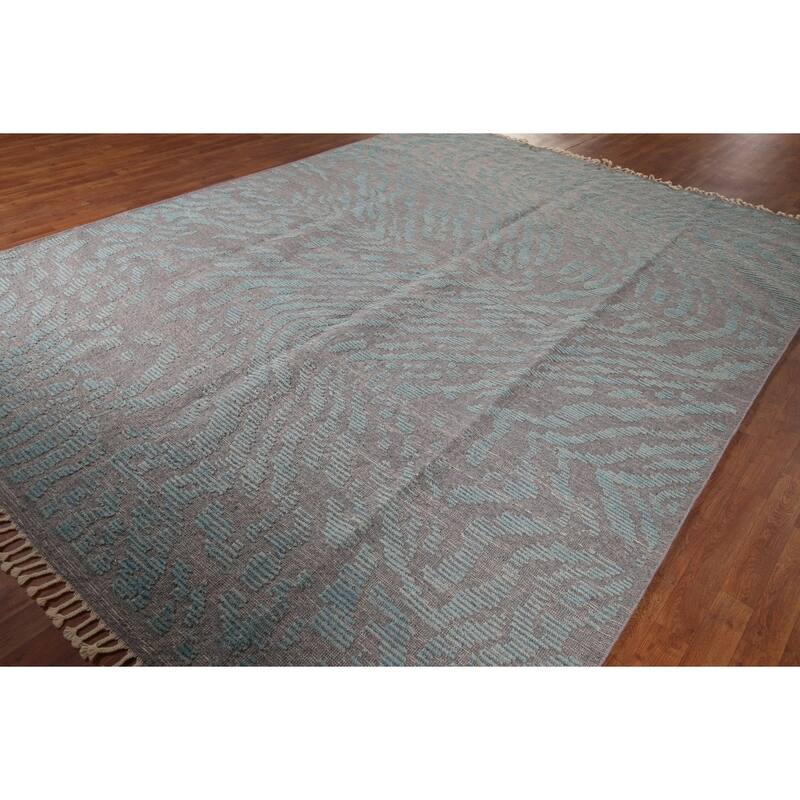 All-Over Grey Blue Moroccan Abstract Area Rug Hand-Knotted Wool Carpet - 9'0"x 12'1"