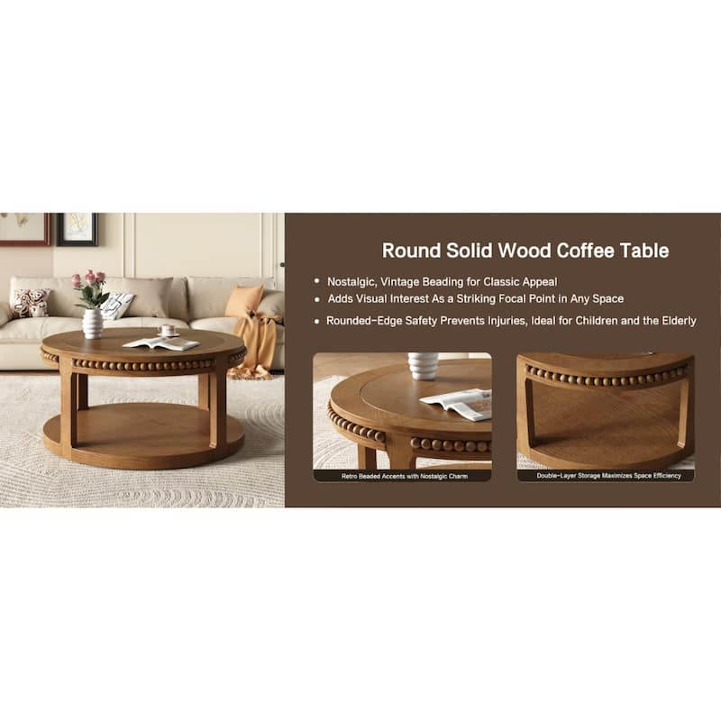 Roomfitters 31.5" Round Solid Wood Coffee Table, 2 Tier Thickened Center Table for Living Room