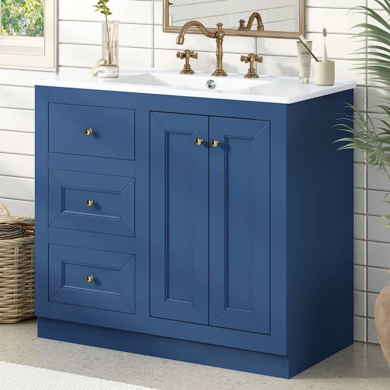36 Inch Bathroom Vanity with Ceramic Sink, Vanity Base & Ceramic Basin Combo, Solid Wood Bathroom Storage Cabinet - 36 Inch