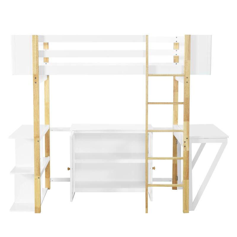 Space-Saving Twin Size Wooden Loft Platform Bed Frame with Storage Cabinet and Foldable Desk, Modern and Stylish for Bedroom