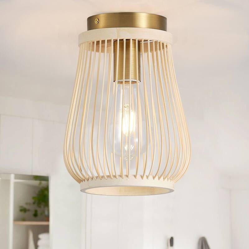 Farmhouse Brushed Gold Metal 1-Light Rattan Flush Mount Ceiling Light for Bedroom Kitchen Hallway