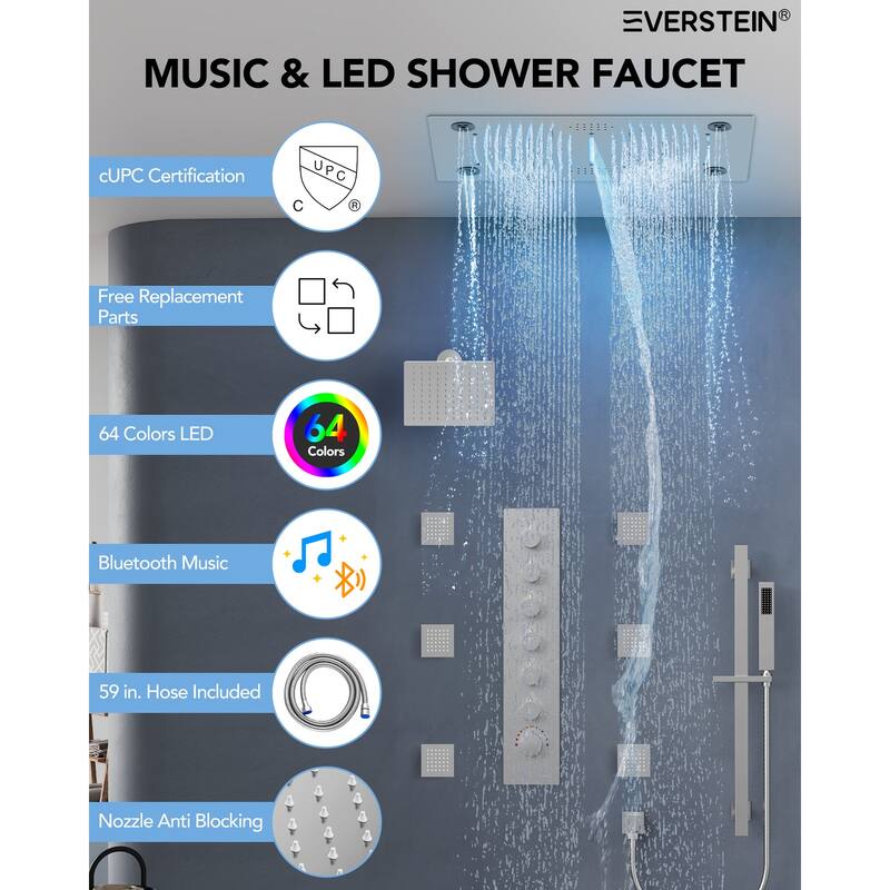 Thermostatic Dual Head System, 64-Color LED Mood Lighting 3-Functions Shower Head with Bluetooth Music & 3 Body Jets