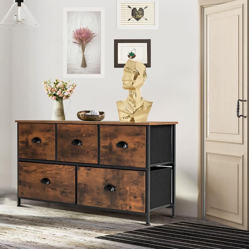 5 Drawer Dresser Chest of Drawers with Wood Top Steel Frame