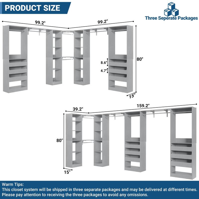 99''-159'' Freestanding Corner Closet System Set, Reversible Closet Organizer for Walk-in/ Reach-in Closet