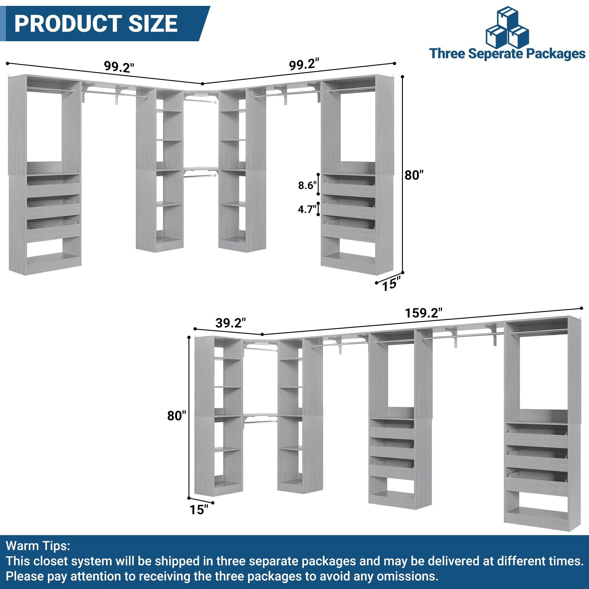 ncloset ページ 99''-159'' Freestanding Corner Closet System Set, Reversible