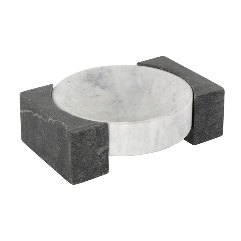 Marble Geometric Round Tray with Black Rectangular Blocks - White - Roche River Decor
