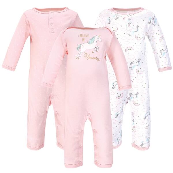 slide 1 of 1, Hudson Baby Infant Girl Cotton Coveralls 3pk, Glitter Unicorn 0 - 3 Months - Pink