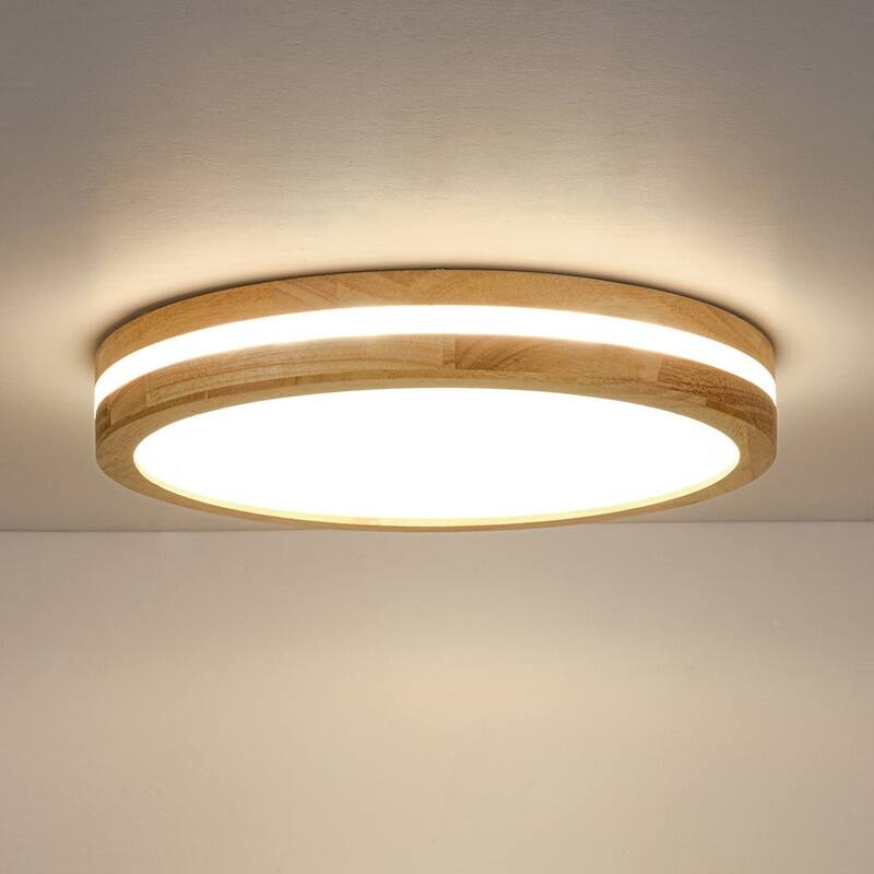 Coastal-style Circular Nested Halo Wood Dimmable LED Flush Mount - 15.7 in