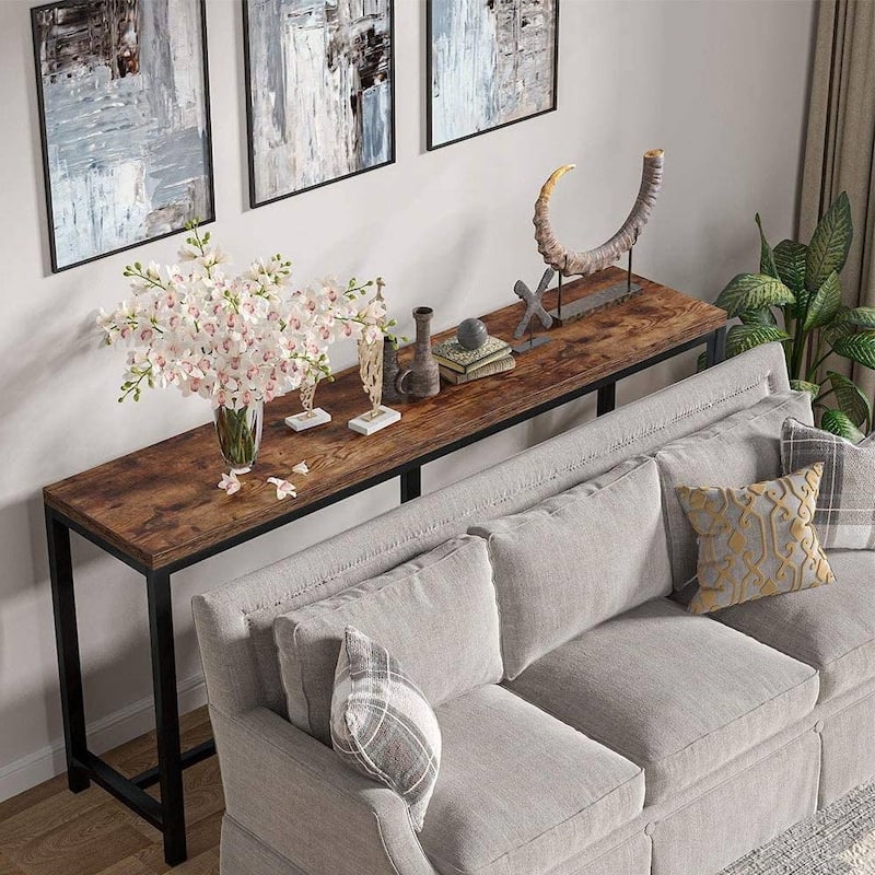 Rustic Brown Black Particle Board Console Sofa Table with Metal Frame 70 Inch - 70.86" L x 11.81" W x 31.49" H