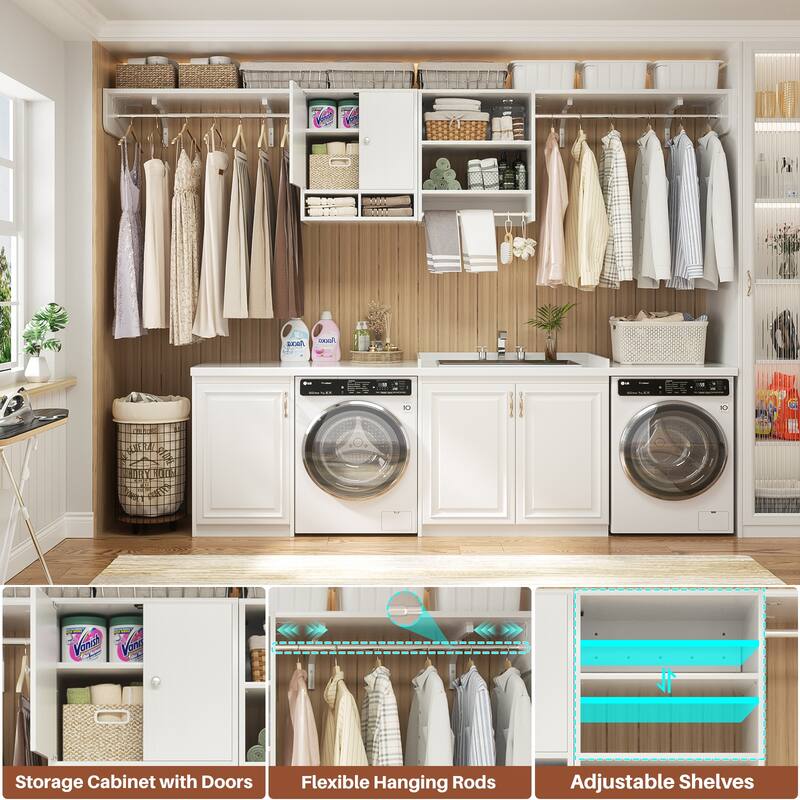 88.4'' - 117.8'' Closet System (Can Be Cut To Fit), Reversible Laundry Wall Cabinet with 3 Hanging Rods & Adjustable Shelves