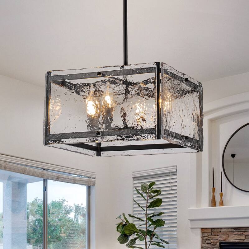 4-Light Square Glass Chandelier with Bubble Textured Shade, Modern Industrial Pendant for Dining Room, Kitchen - Black