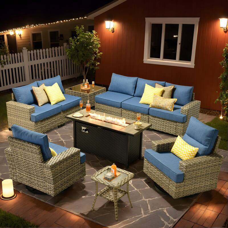 HOOOWOOO 10-piece Rattan Wicker Patio Outdoor Furniture Fire Pit Set with Swivel Rocking Chairs - Diamond Blue