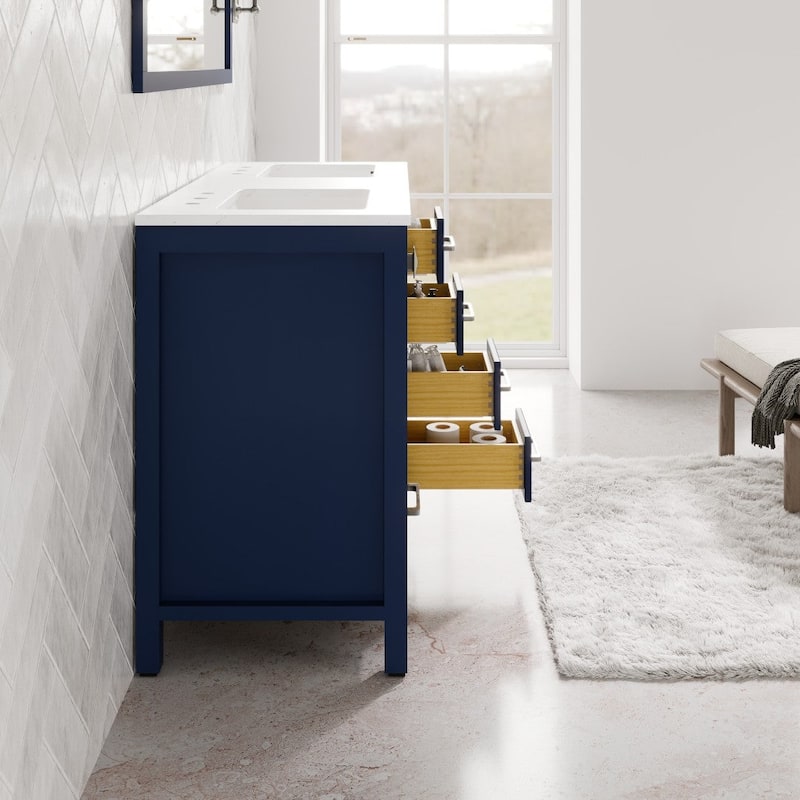 Aberdeen 48 in. Blue Double Sink Vanity with Carrara Quartz Top & Undermount Sinks