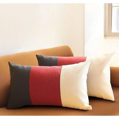 Set of Two 12" X 20" Black Red and Ivory Color Block Fabric Lumbar Throw Pillows