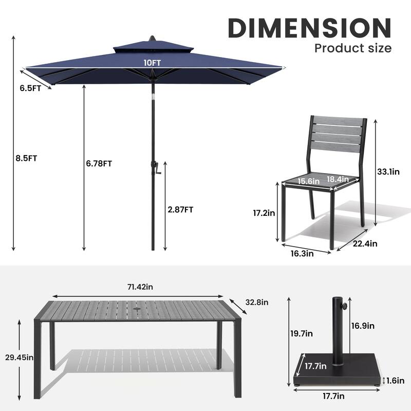 9/11-Piece Outdoor Dining Set w/10 ft Umbrella and Base Aluminum Dining Table and Stackable Chairs