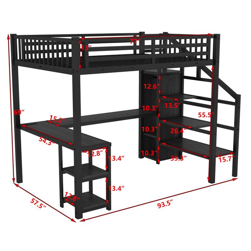 Metal Full Size Loft Bed with Wardrobe, LED Light & L Shaped Desk, USB for Kids Teens Adults, Black