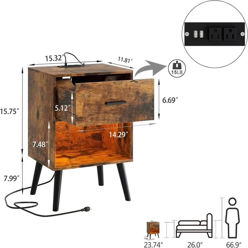 Nightstand with Charging Station and LED Lights
