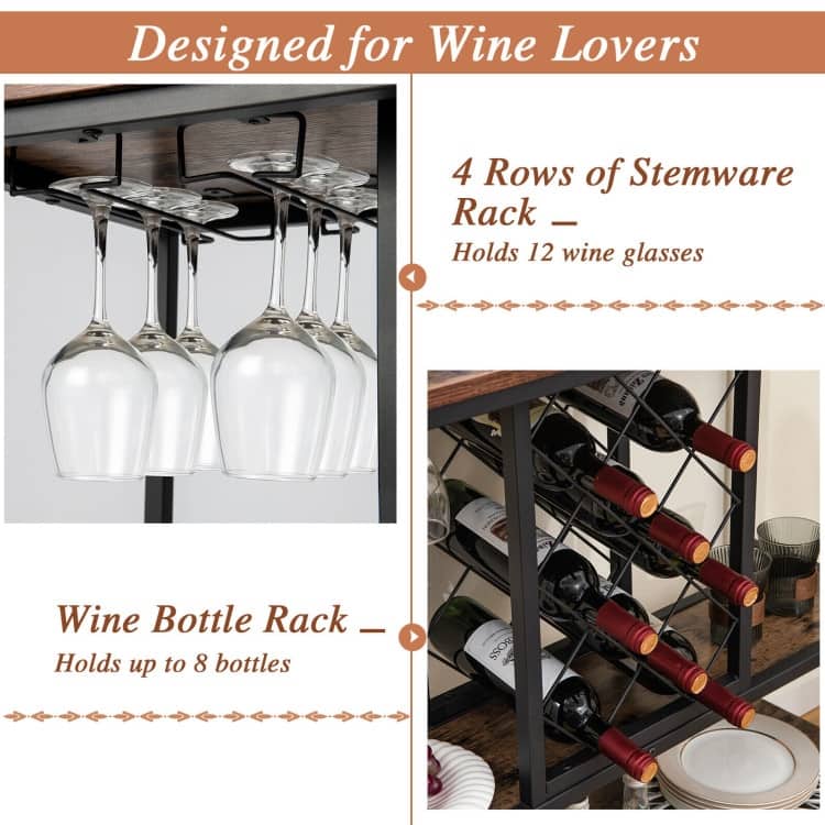 3-Tier Wine Bar Cabinet wit 8 Bottles Rack and 12 Glasses Hanger-Rustic Brown - 39.5" x 16" x 34" (L x W x H)