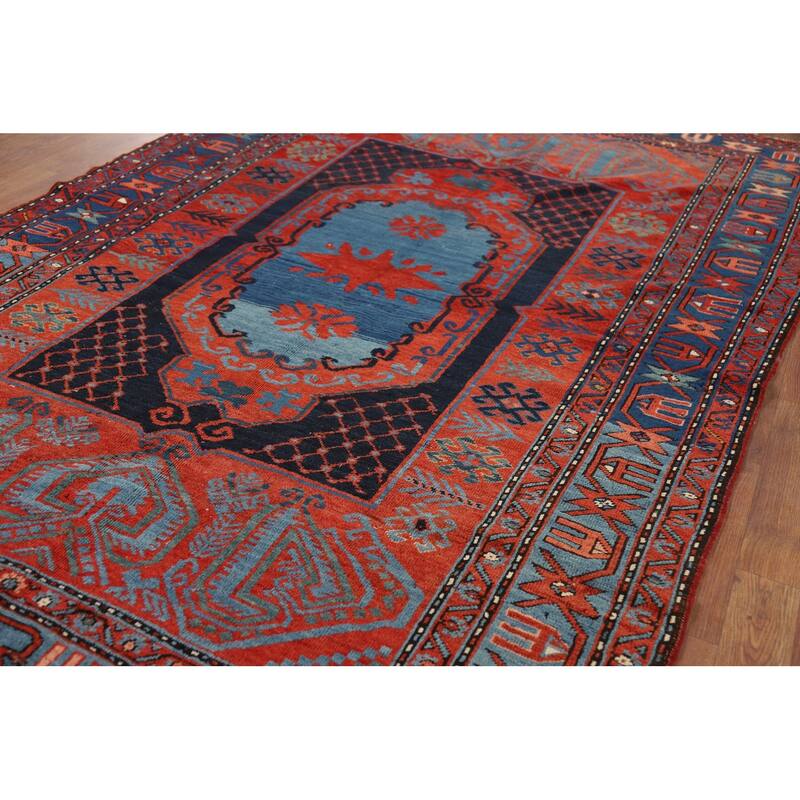 Orange & Blue Kazak Vegetable Dye Vintage Rug Hand-Knotted Wool Carpet - 5'4" x 8'1"