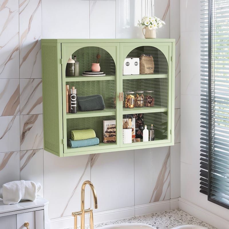 27.6"W Green Glass Doors Modern Two-door Wall Cabinet with Three-tier Storage