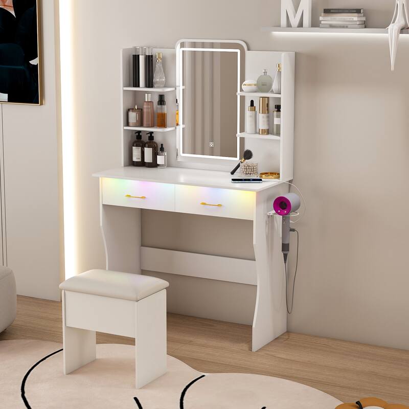 Small Vanity Desk with LED Lights Mirror & Power Outlet,Vanity Table Set with Drawers & Chair, 3 Lighting Modes