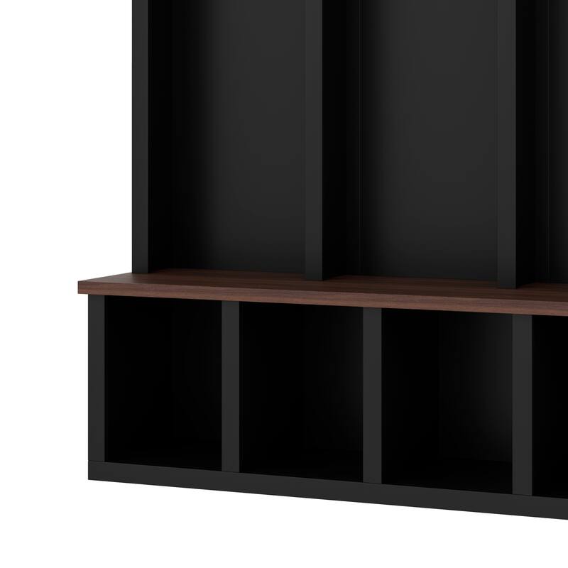 Farmhouse Hall Tree with Arched Design, Wood Entryway Bench with 5 Hooks, 7 Cubbies Shoe Cabinet for Mudroom/Living Room